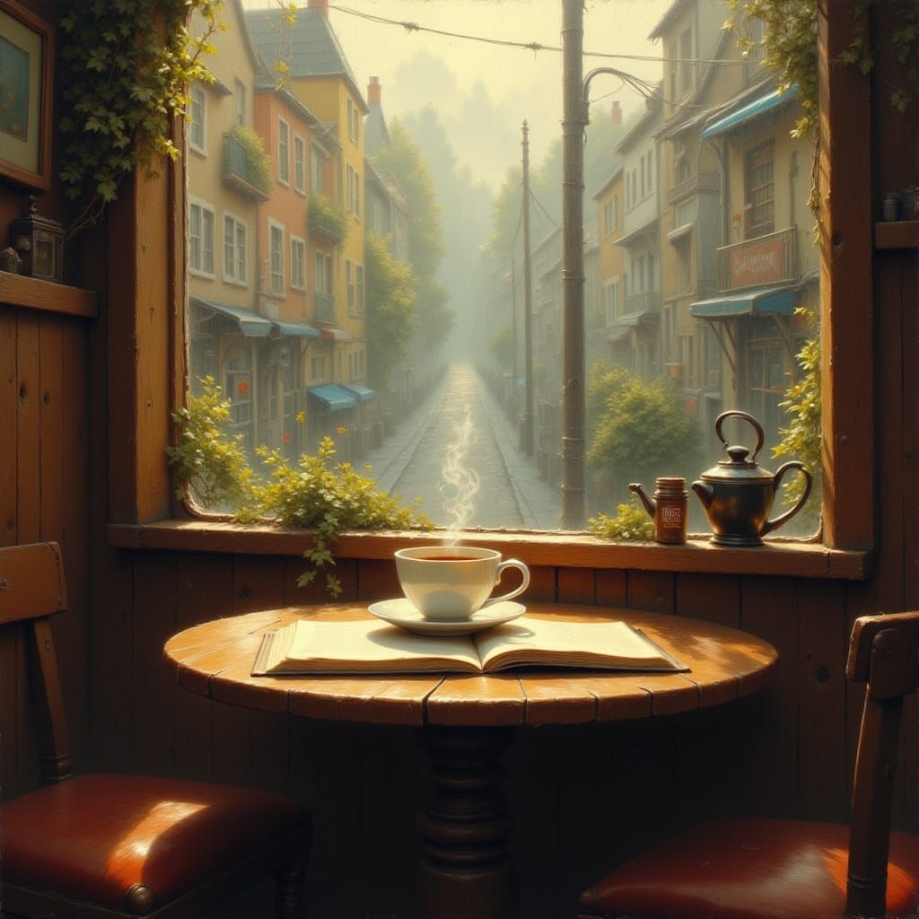 Cozy Cafe on Rainy Afternoon with Steaming Coffee