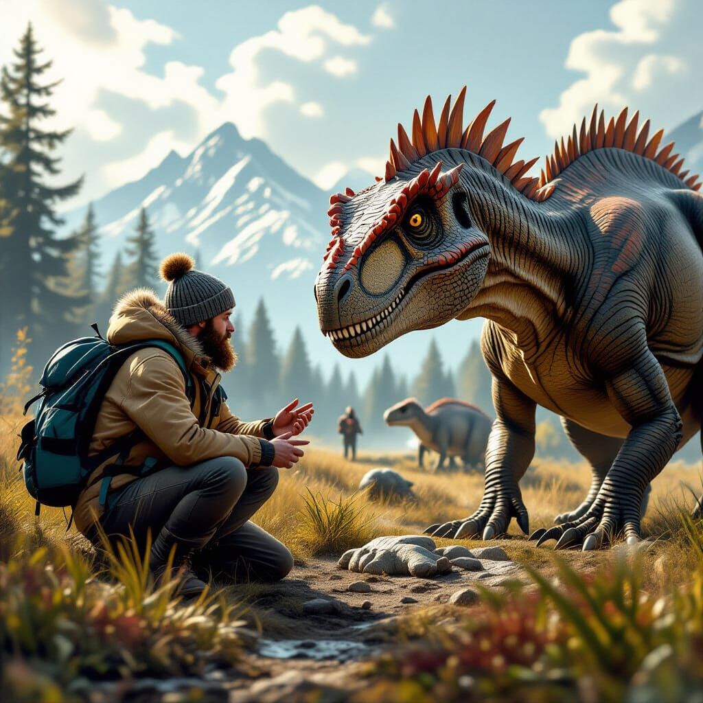 Hyperrealistic Dinosaurs and Humans in Natural Habitat