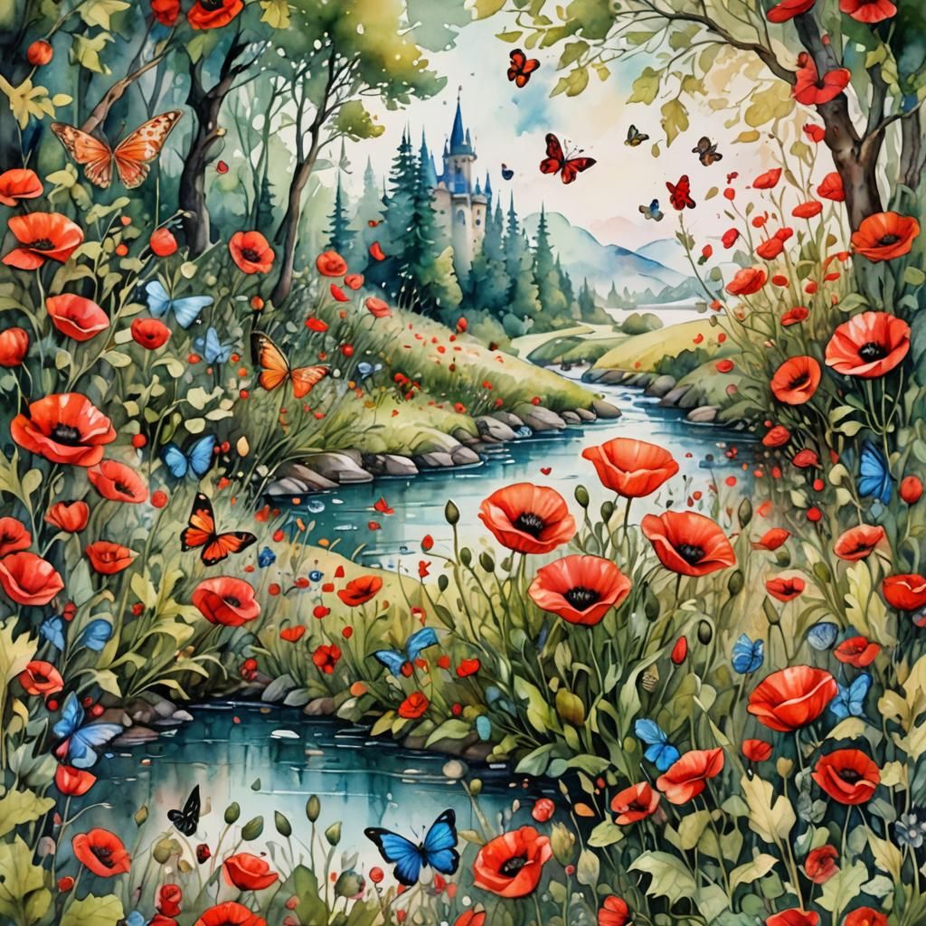 Fairytale Poppy Field in Wet Watercolor Style