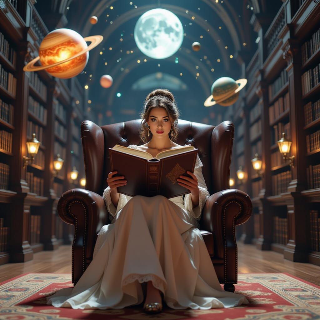 Elegant Woman Reads in Magical Library