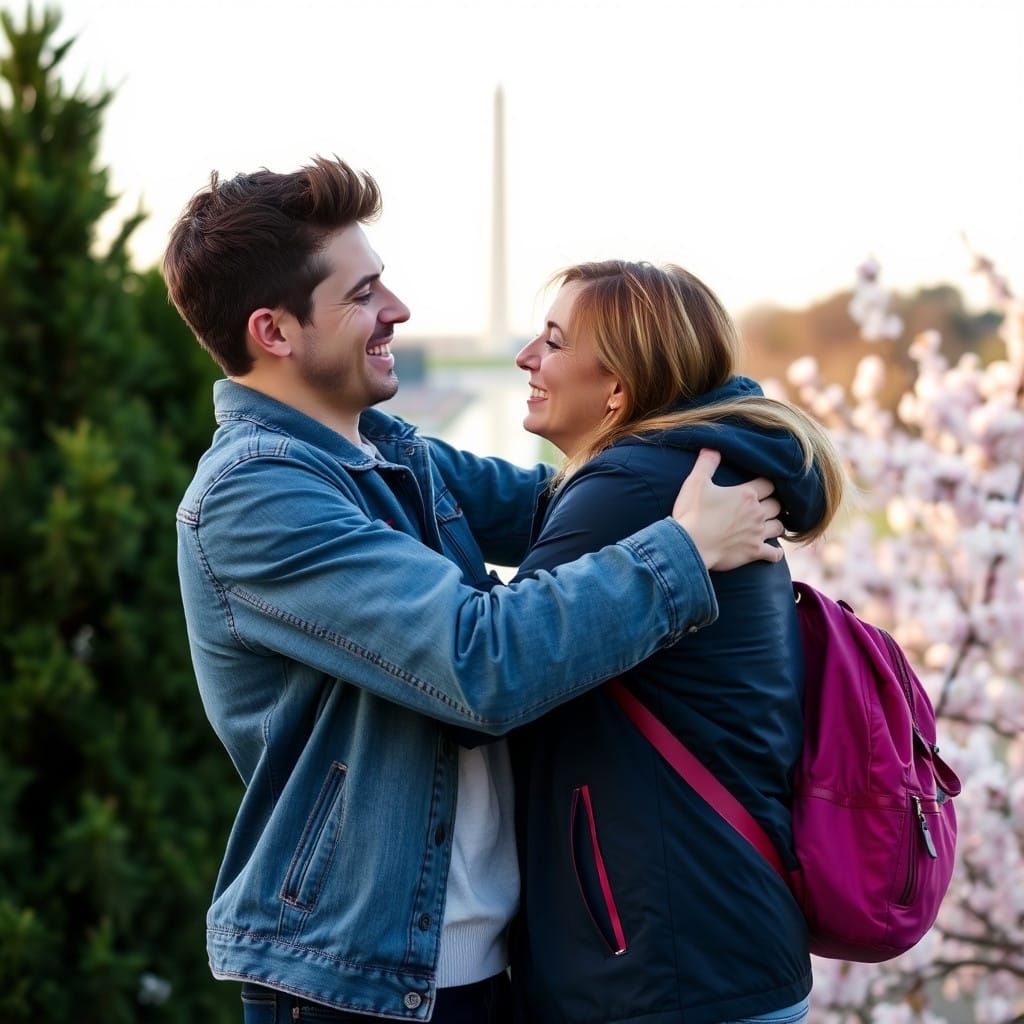 a young couple sharing a heartfelt hug, with the washington National Monument softly visible in the background and cherr...