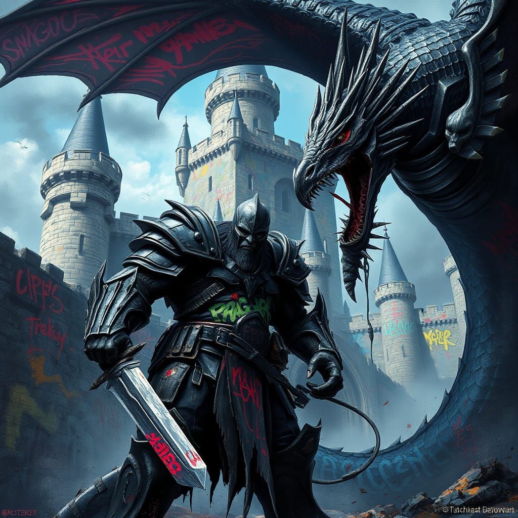 Gritty Dark Knight Ogre Defends Castle Against Black Dragon