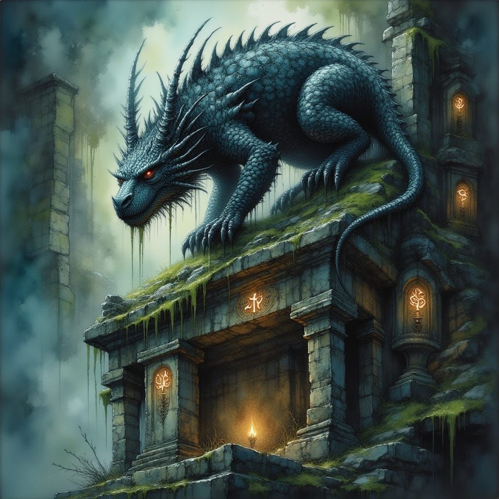 Ancient Obsidian Dragon on Ruined Temple