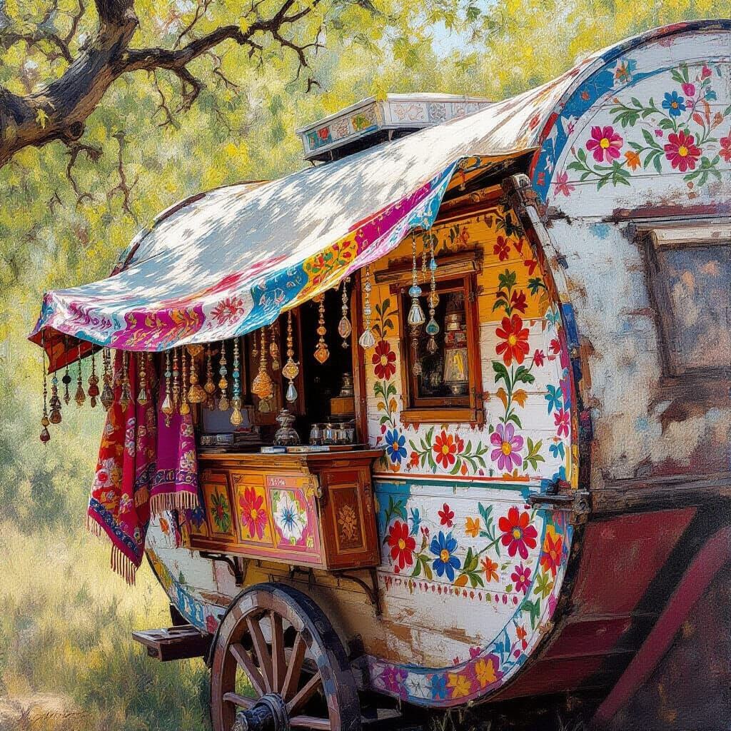 Bohemian Gypsy Caravan in Oil Painting Style