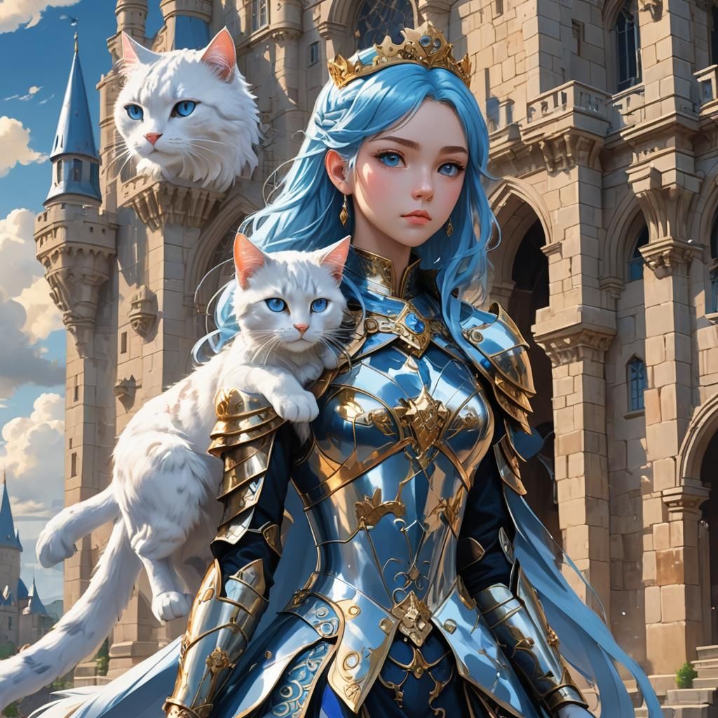 Anime Queen Warrior with Cat in Ethereal Castle
