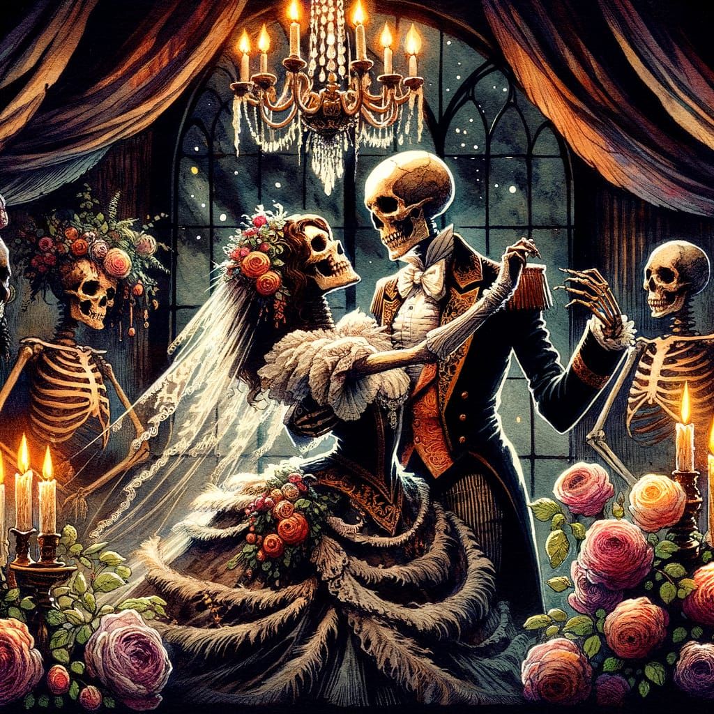 Gothic Skeleton Couple Dancing in Moody Watercolor