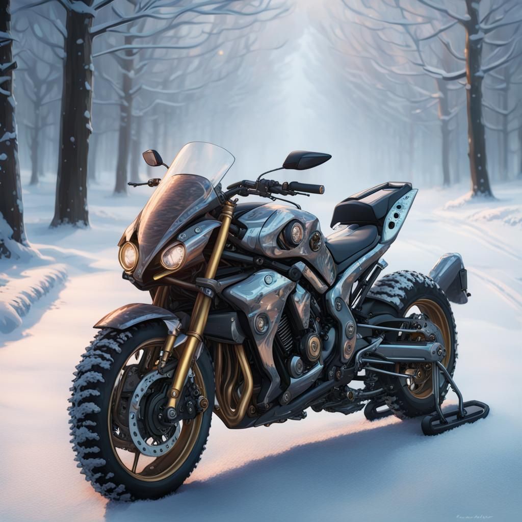 Steampunk gothic yamaha sport motorcycle in a winter wonderland