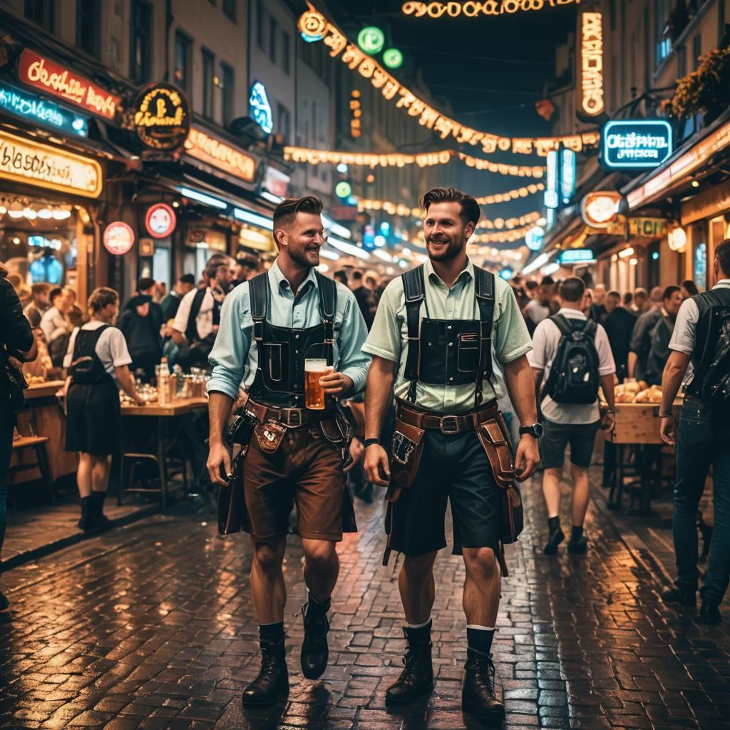 Cyberpunk Oktoberfest Festival in Neon-Lit Street