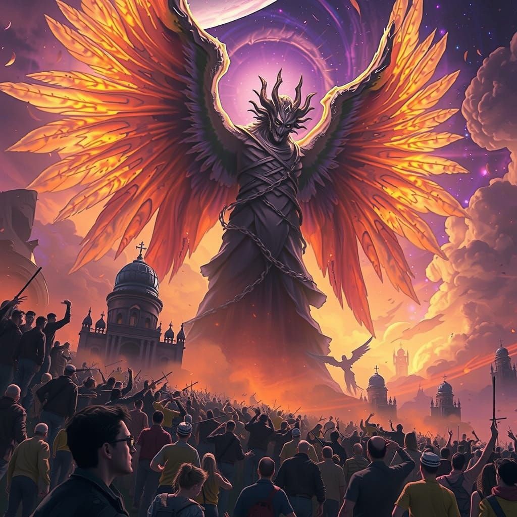 Cosmic Horror Angel Descends Upon Terrified Landscape