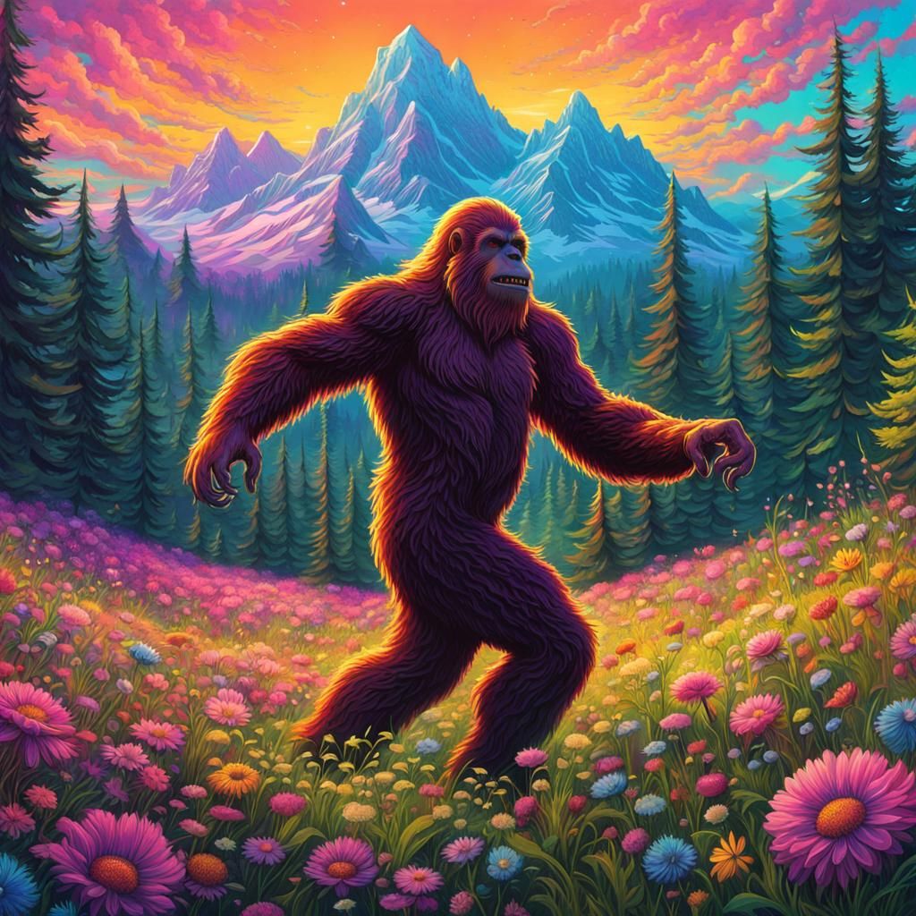 Bigfoot Dances in Flower Meadow: Glitchpunk Concept Art