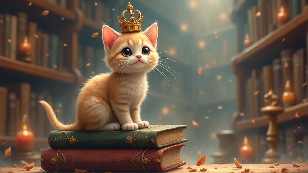 Whimsical Cat with Crown in Enchanted Library