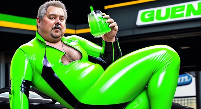 Neon Green Latex Suits in a Cyberpunk Gas Station