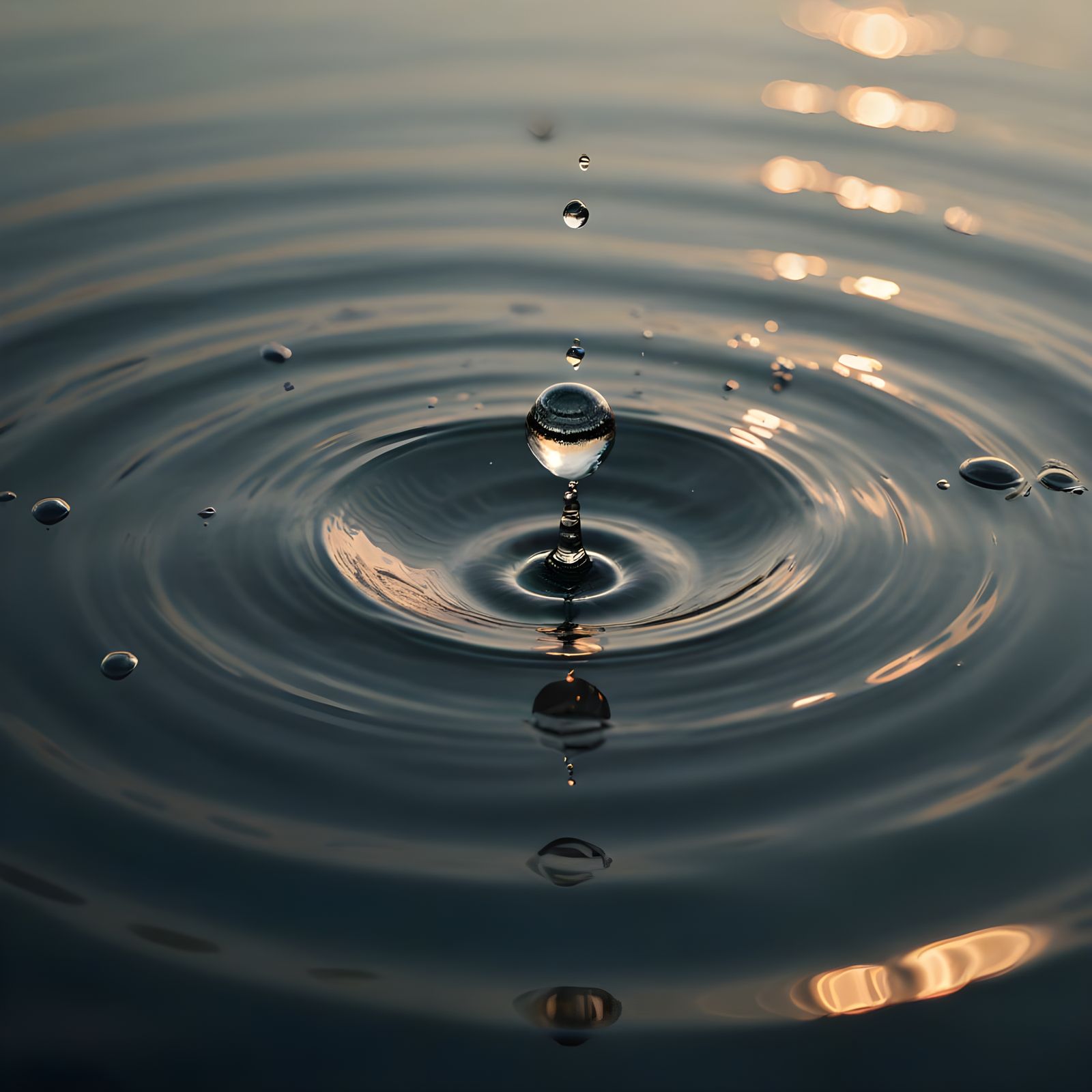 Golden Hour Droplet Falls on Calm Water in Hyper-Realistic M...