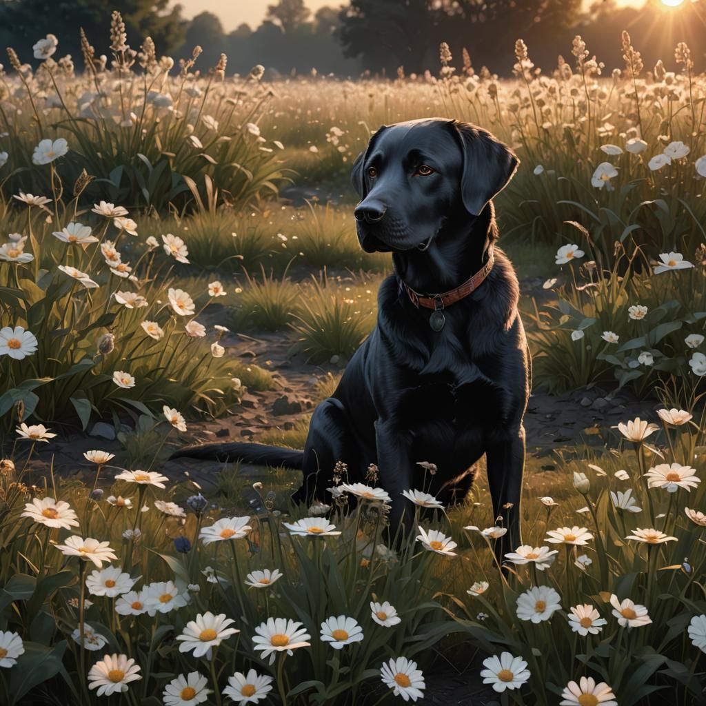 Black Labrador in Field at Sunset: Photorealistic Art