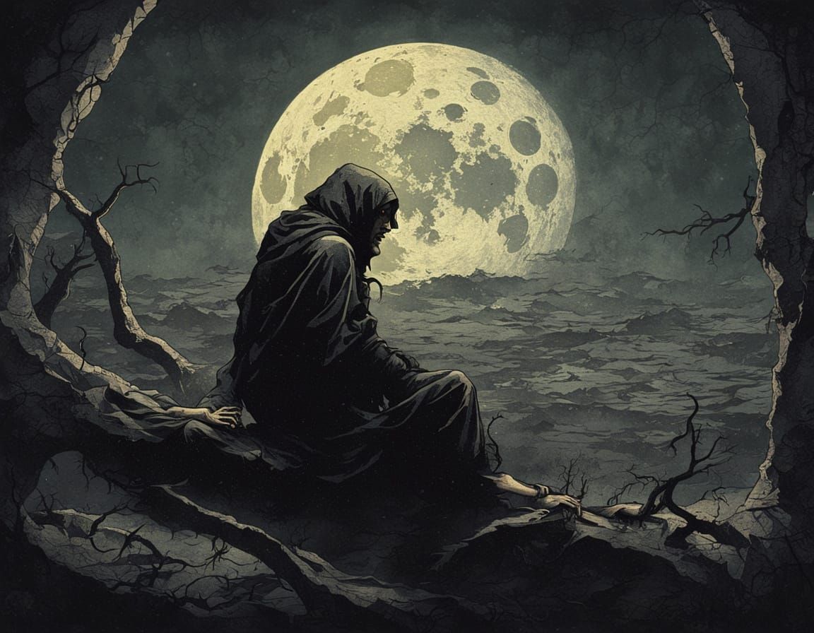 Dark Fantasy Moonchild on Antique Paper, Rutkowski Style