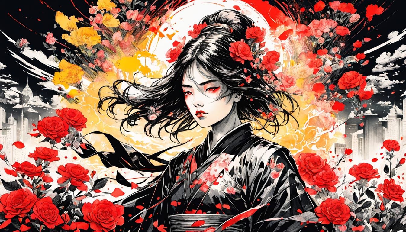 Surreal Warrior Goddess Amidst Blooming Summer Landscape