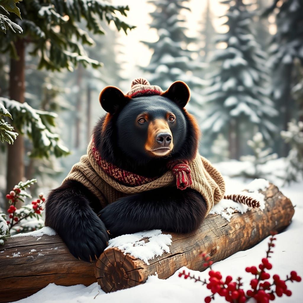 Winter Bear in Cozy Forest Scene