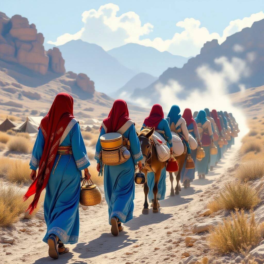 Yemenite Women Singing in Misty Desert with Mules