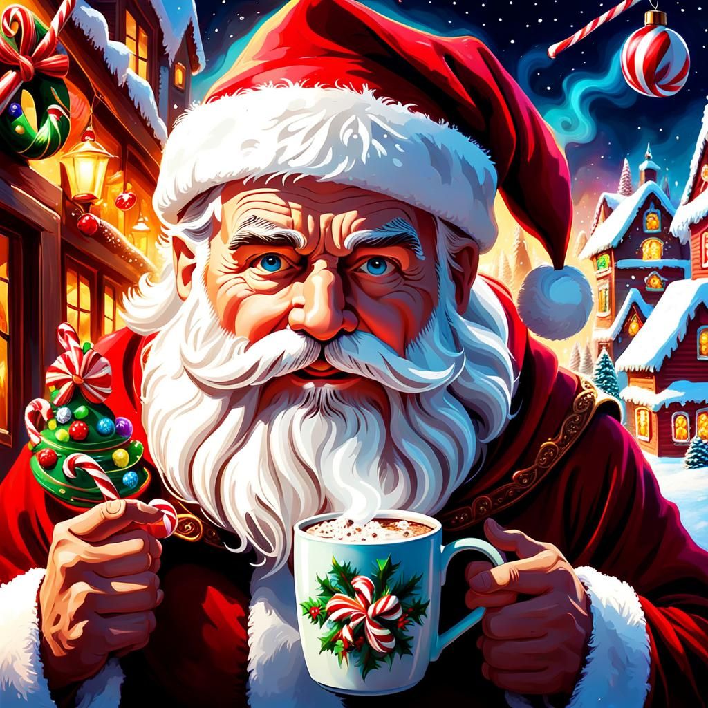 Santa Dad with Cocoa: Festive Oil Painting