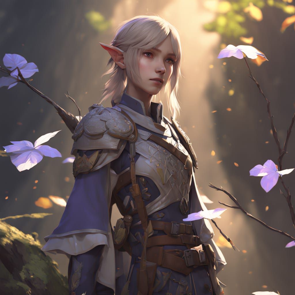 Anime Wood Elf Ranger with Purple Eyes and Ash Blonde Hair