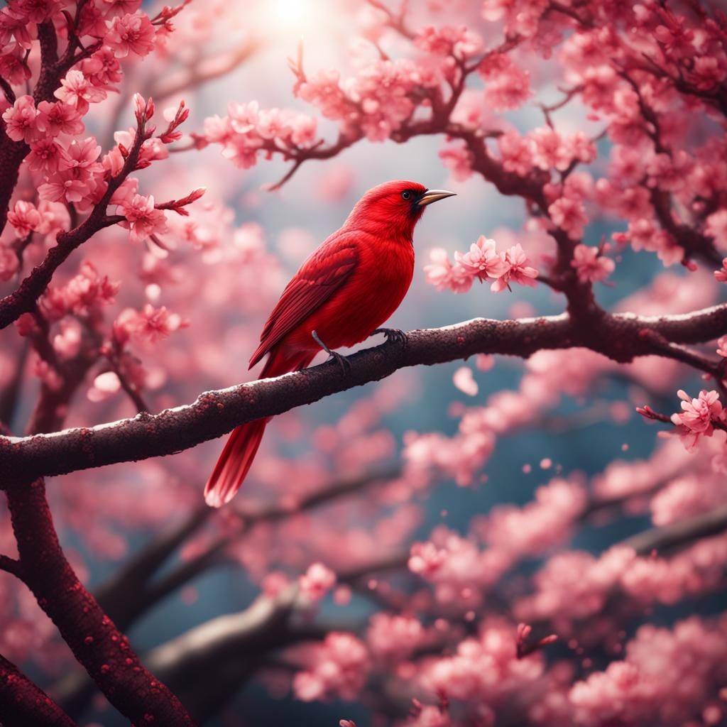 beautiful red bird on a cherry blossom tree in a park in jap...