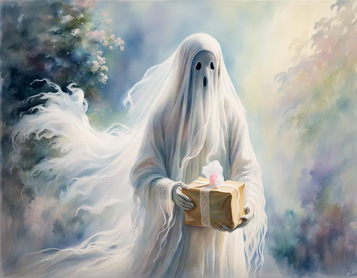 Ethereal Ghost Holding Spirit Gum: Watercolor Art
