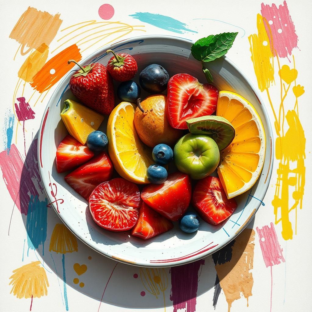 Whimsical Fruit Bowl in Childlike Colored Pencil Style