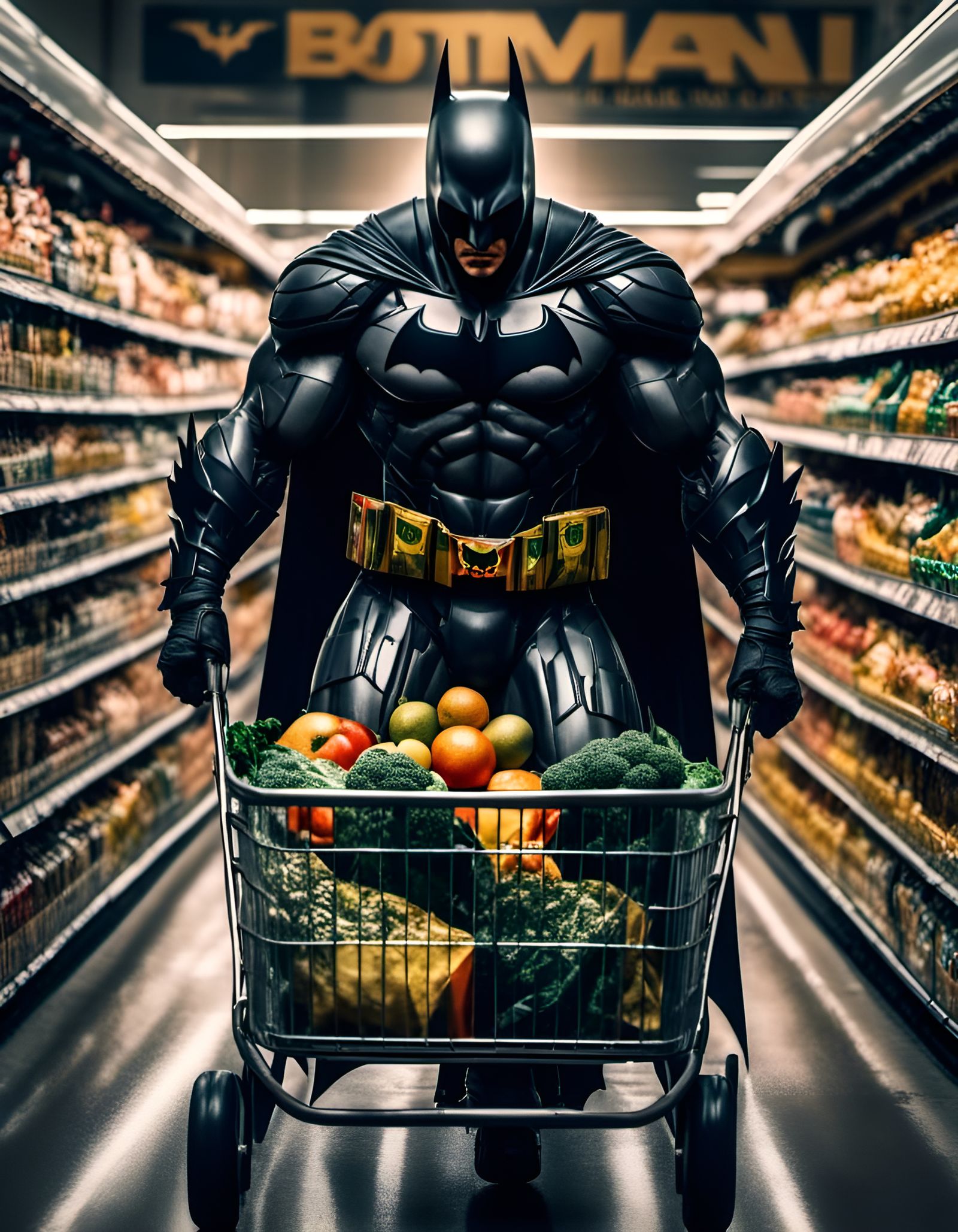 Batman getting groceries for the Batcave