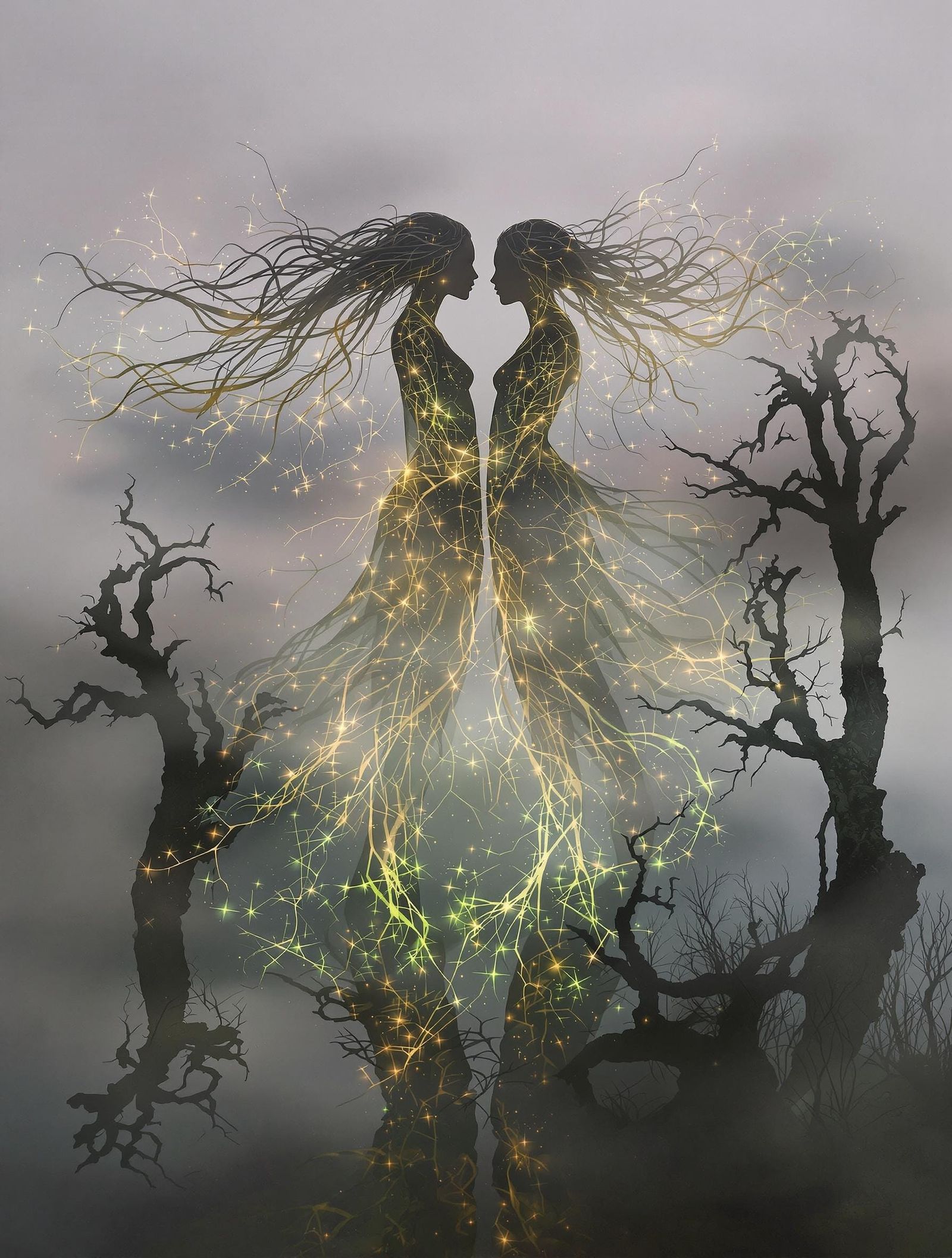 Ethereal Fae Twins in Dreamlike Swamp Landscape