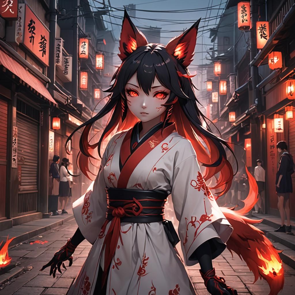 Kitsune Girl Possessed by Demon in Anime Style