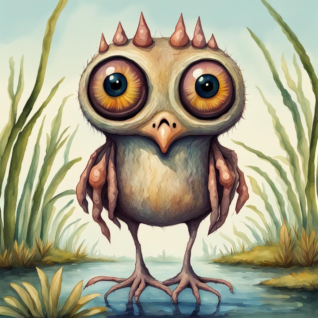 Zany Whimsical Nutty Crazy  Distinctive Odd Wetland Creature :: Quirky Folk Style :: Enhanced Detail Big Eyes:: Watercol...