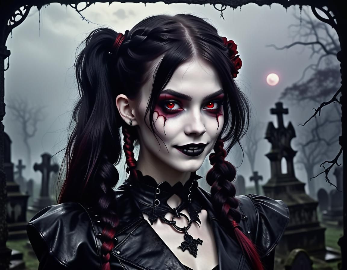 Dancing Teenage Vampiress in Stormy Cemetery