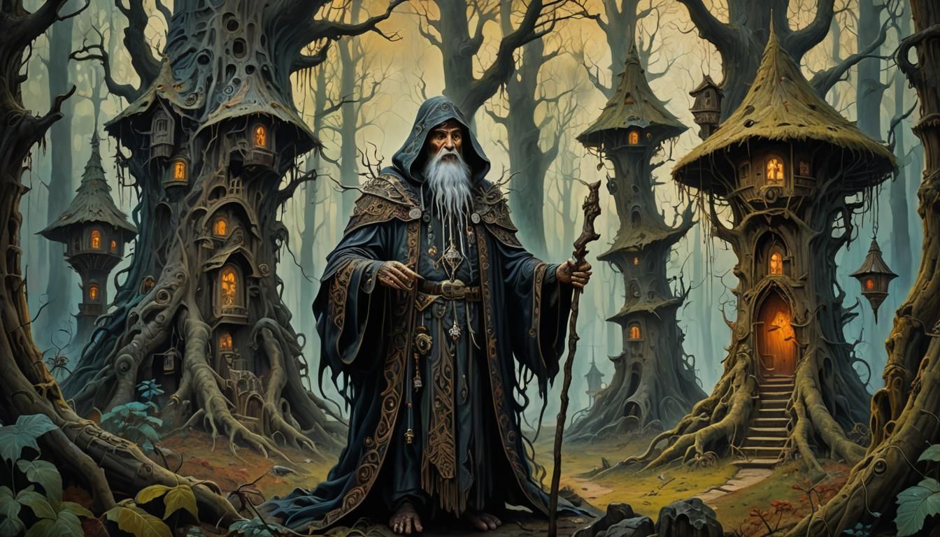 Baba Yaga in Mystical Forest: Surreal Oil Painting