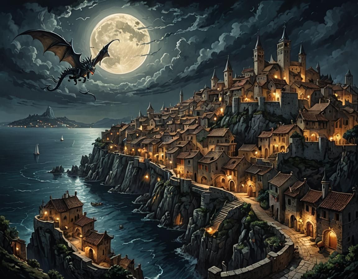 Moonlit Mediterranean Town Under Dragon Invasion