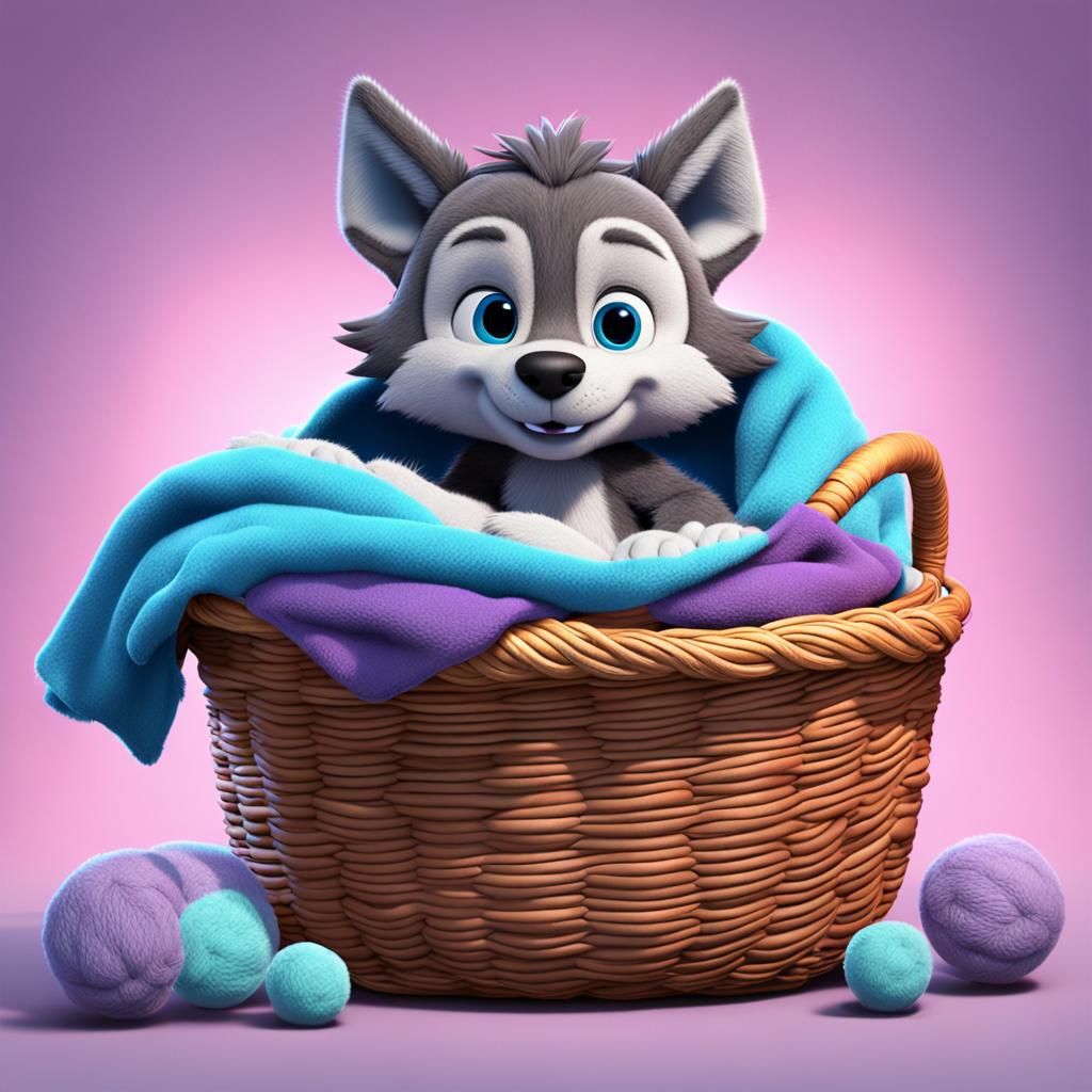 Baby Hokey Wolf Plush in Basket: Pixar Style