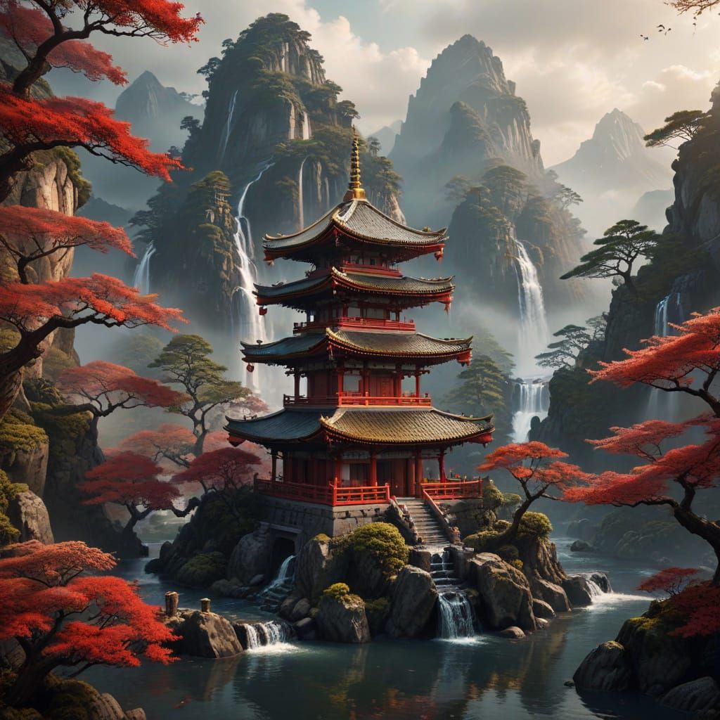 Ornate Red Pagoda in Misty Japanese Mountains