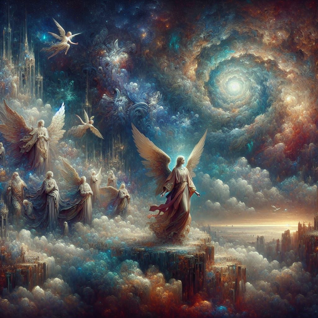 Angelic Figures in a Detailed Fantasy Landscape