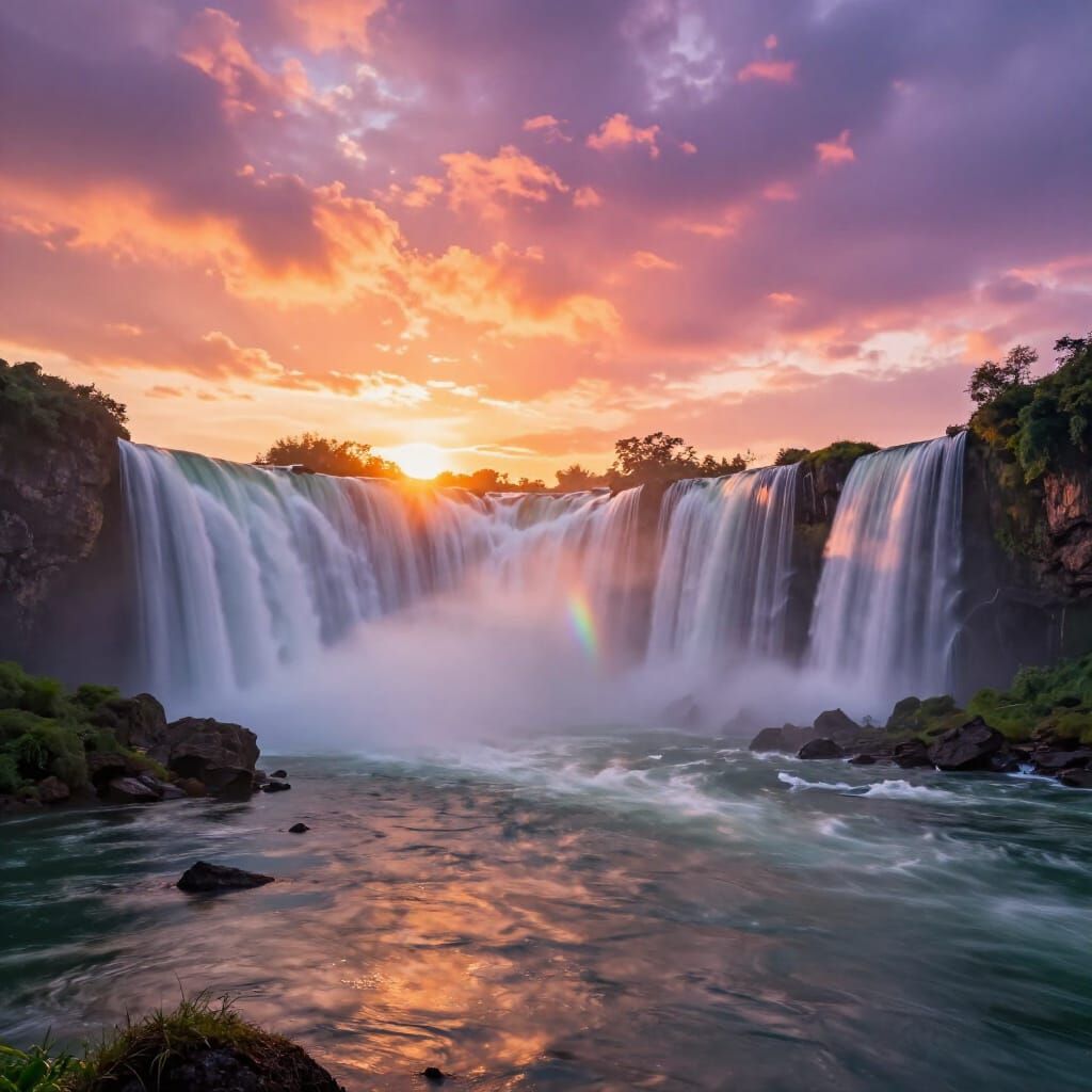 Majestic Waterfall at Sunset in Hyperrealistic Style