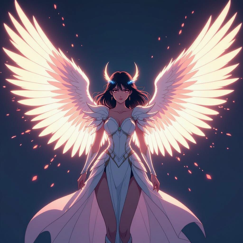 Luminous Angel with Wings in Flat Manga Style