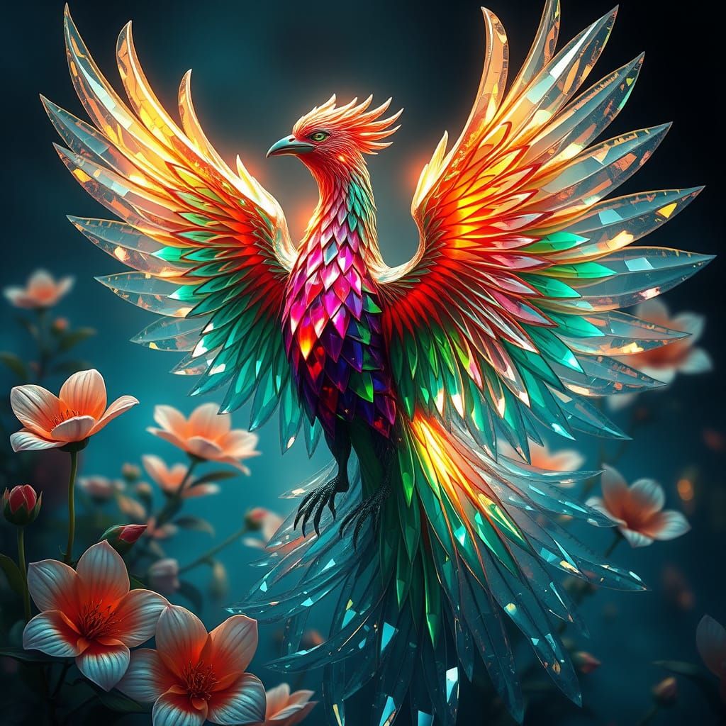 Majestic Phoenix in Emerald, Ruby, and Sapphire Crystal Irid...