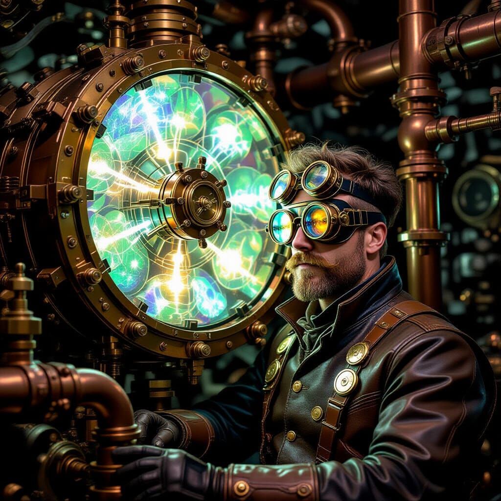 Steampunk Engineer with Opalescent Ammonite Engine