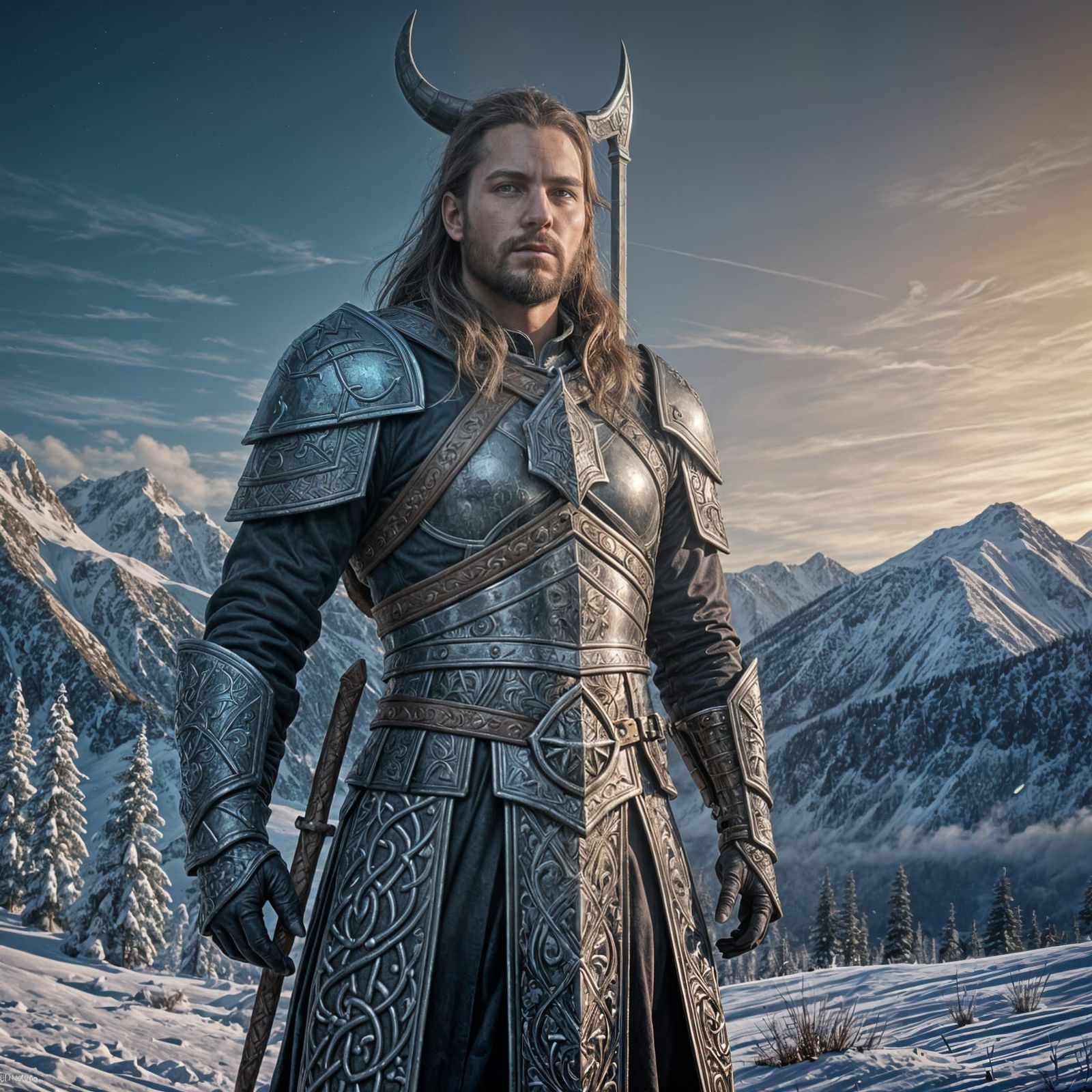 Epic Viking Templar Warrior in Winter Landscape