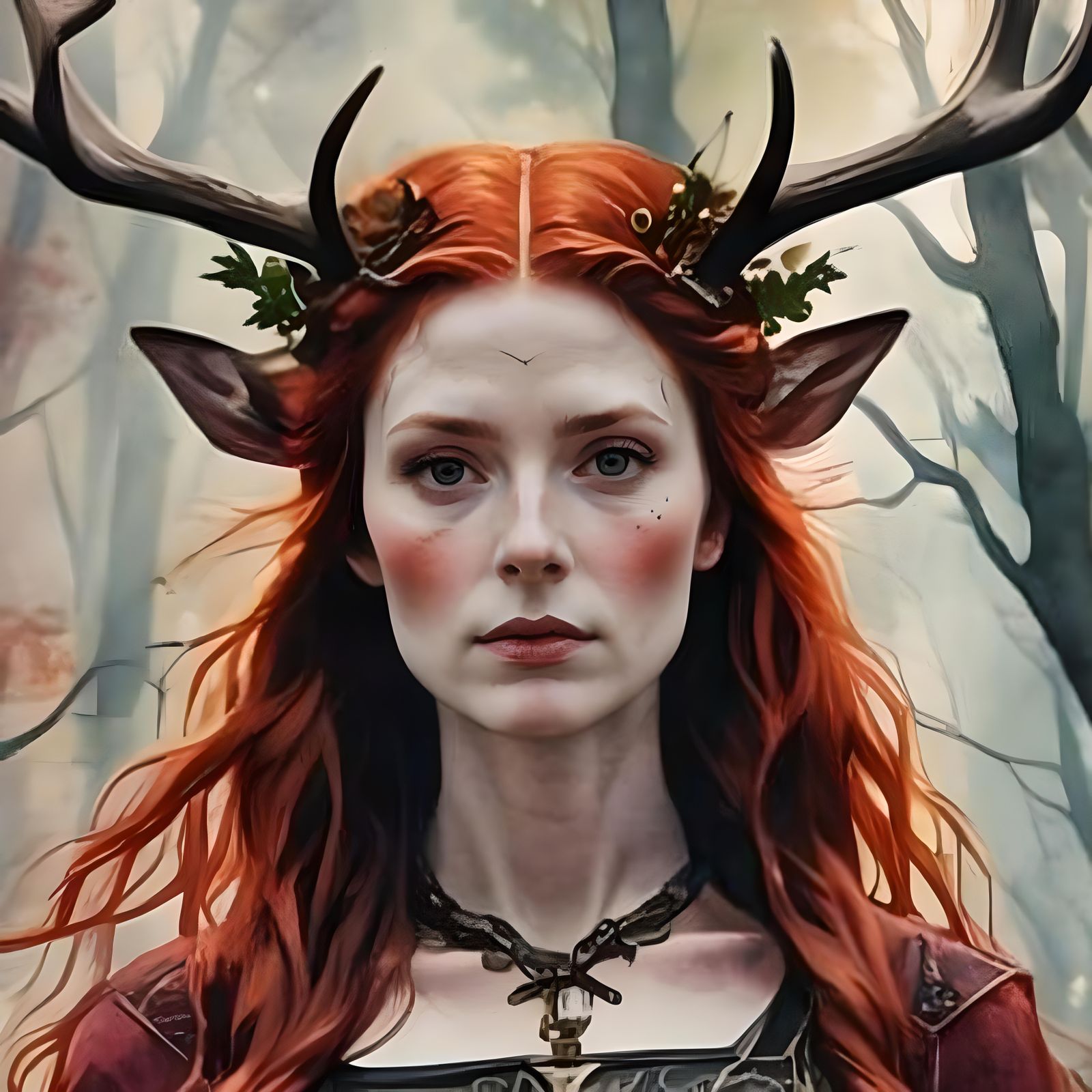 Ethereal Antlered Bard in Ancient Forest, Watercolor Portrai...