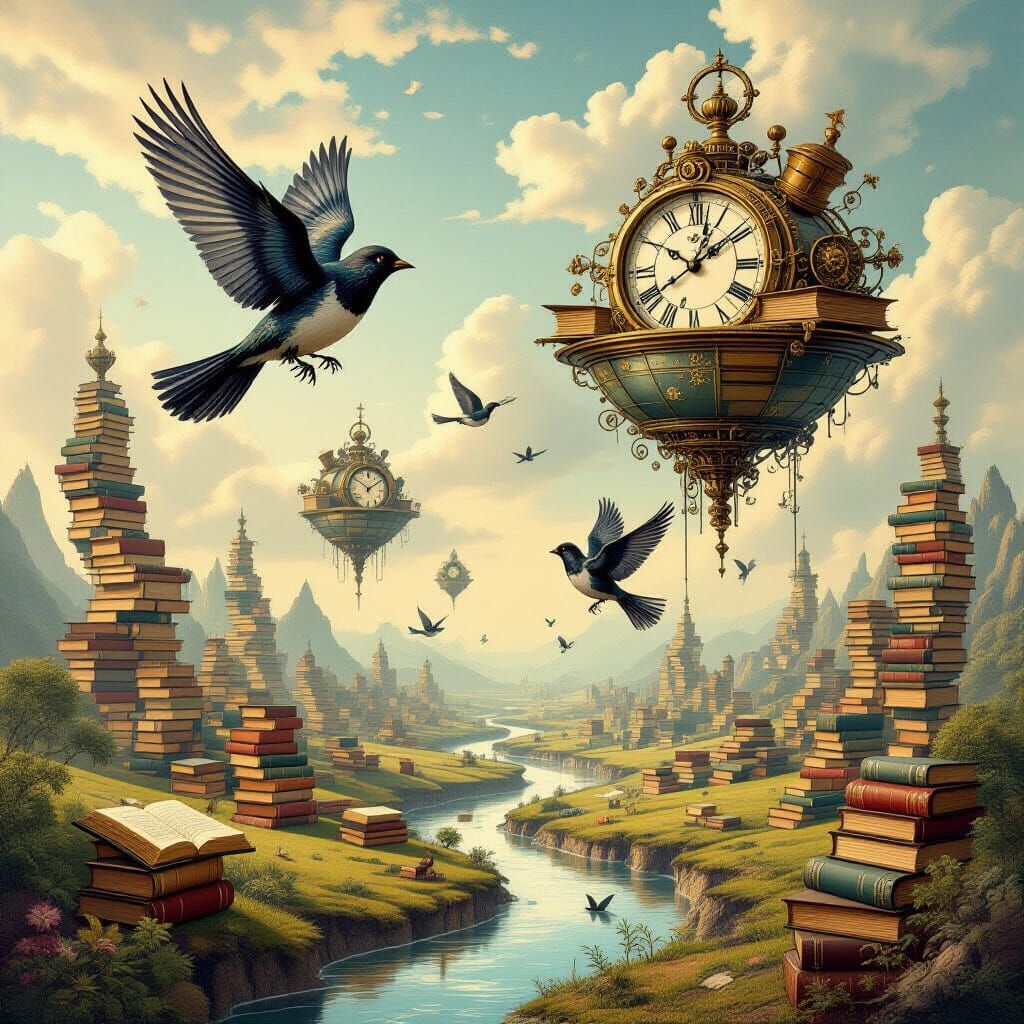 Clockwork Birds Over Floating Book Islands