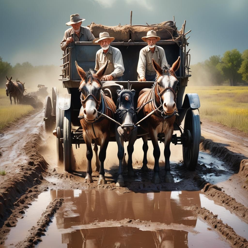 Farmer and Mules Rescue 1923 Model T: Hyperrealistic Art