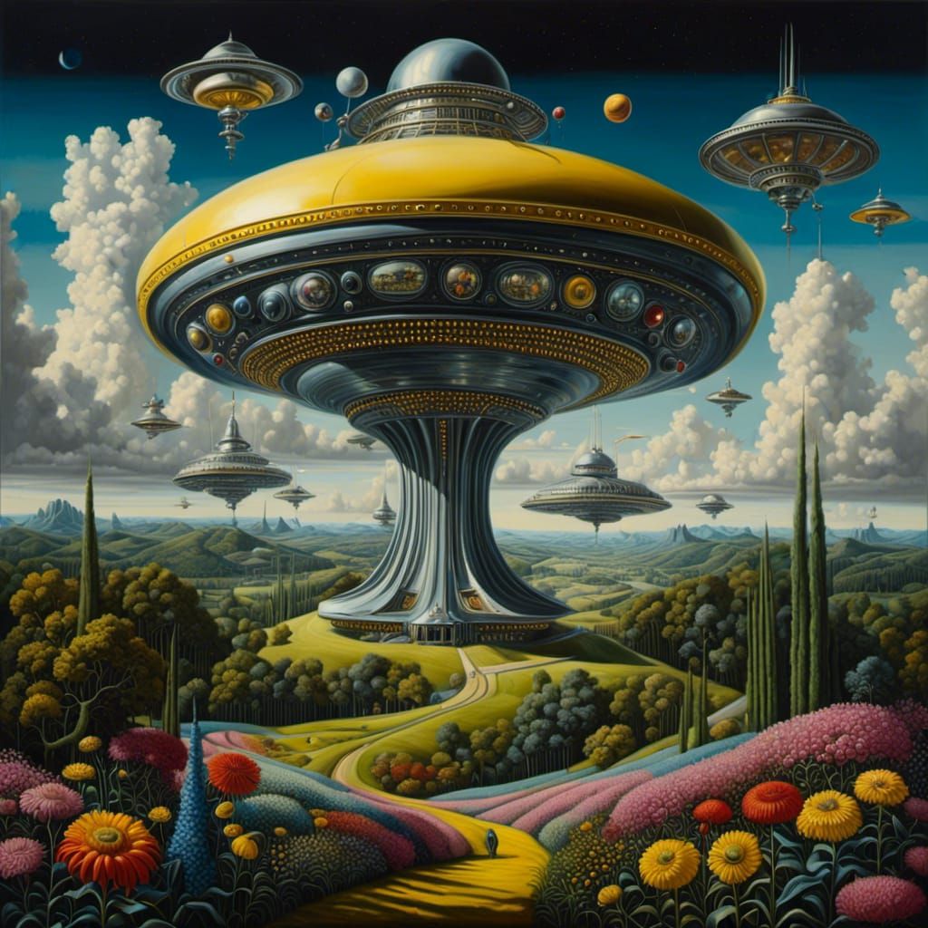 Alien Starship Approaches Starbase in Pop Surrealism