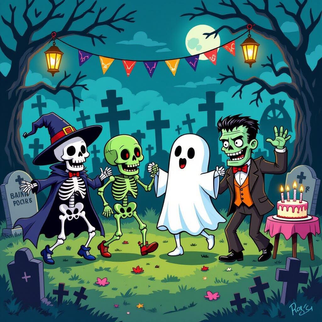 Monsters Conga Line in Spooky Cemetery Celebration