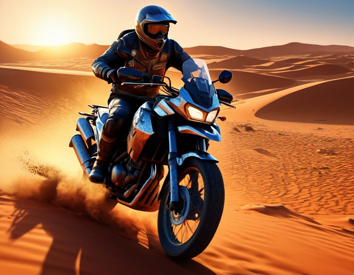 Motorcyclist Rides into Sahara Sunset in Hyperrealistic Styl...