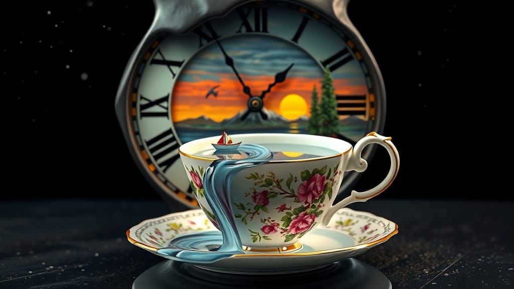 Surrealist Dreamscape with Melting Clock and Tea Cup