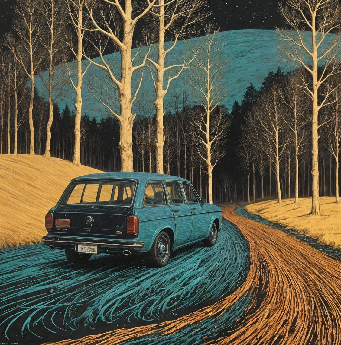 Kaleidoscopic Moonlit Woodcut of Love's Emotion